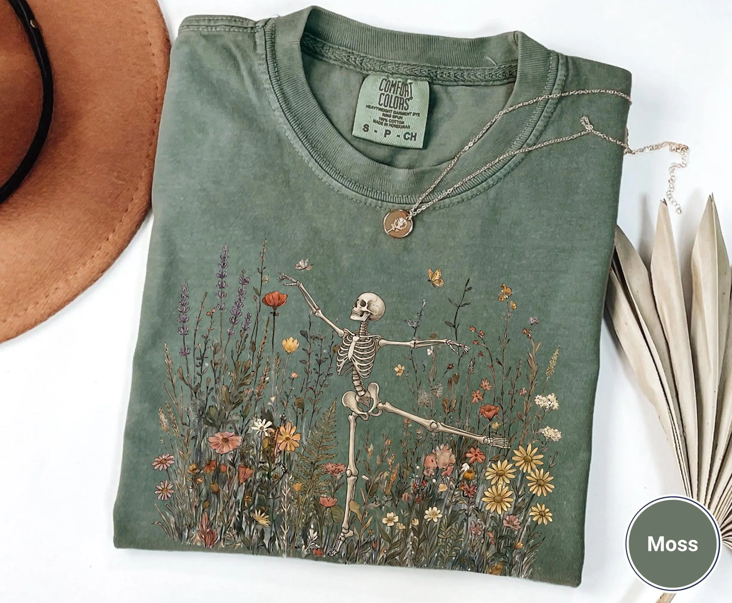 Comfort Colors Skeleton Dancing Wildflower Shirt, Botanical Floral Cottagecore Boho Graphic Tee for Women - photo 2