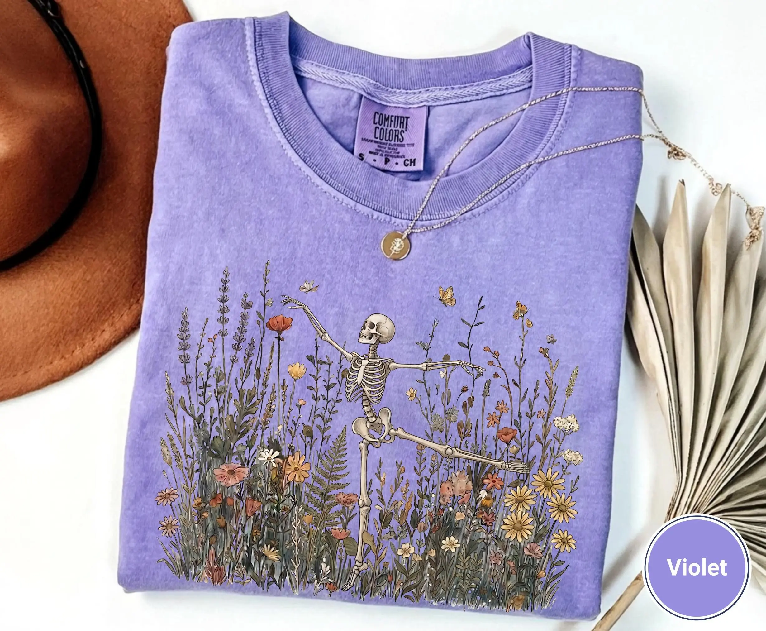 Comfort Colors Skeleton Dancing Wildflower Shirt, Botanical Floral Cottagecore Boho Graphic Tee for Women - photo 4