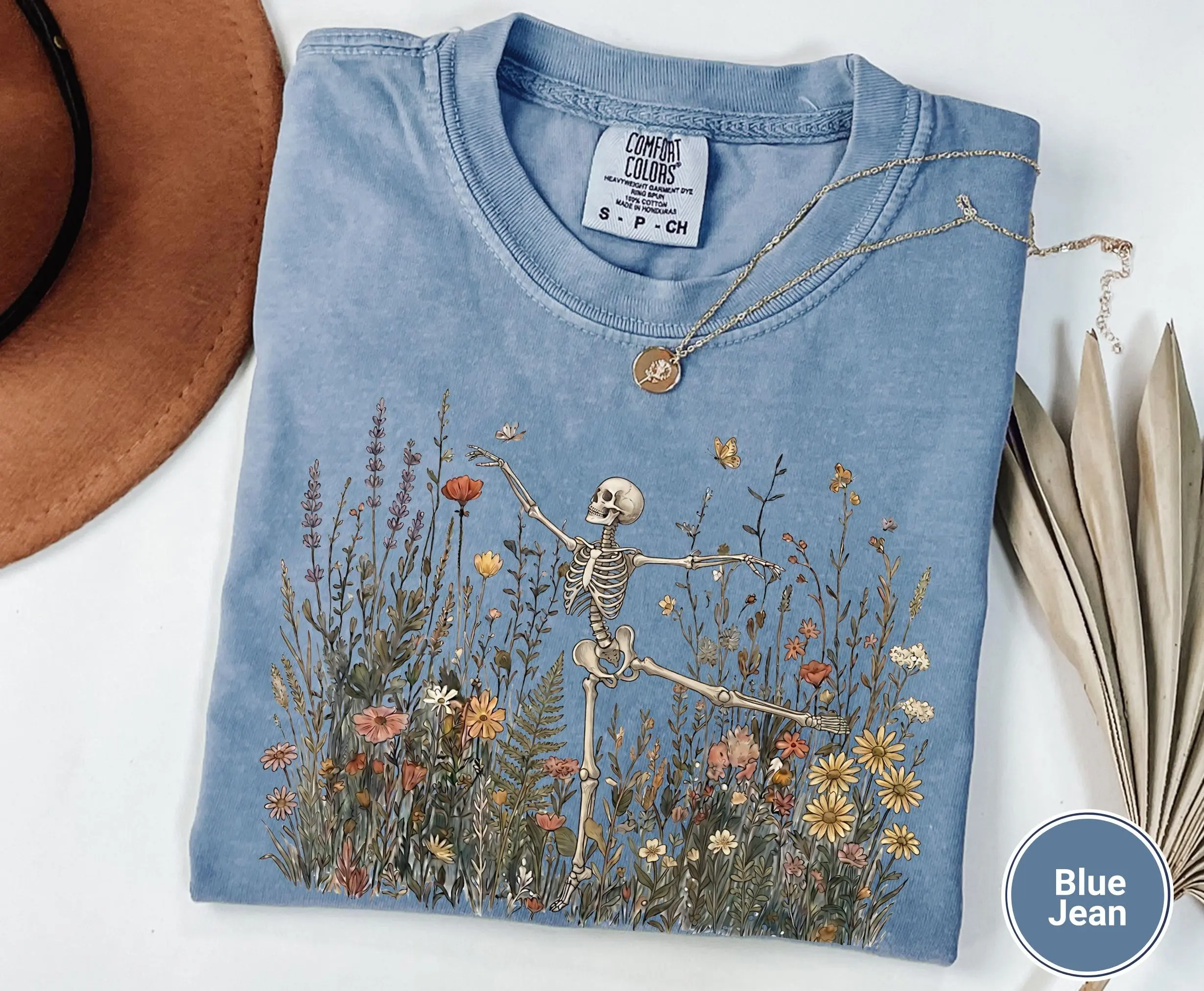 Comfort Colors Skeleton Dancing Wildflower Shirt, Botanical Floral Cottagecore Boho Graphic Tee for Women - photo 5