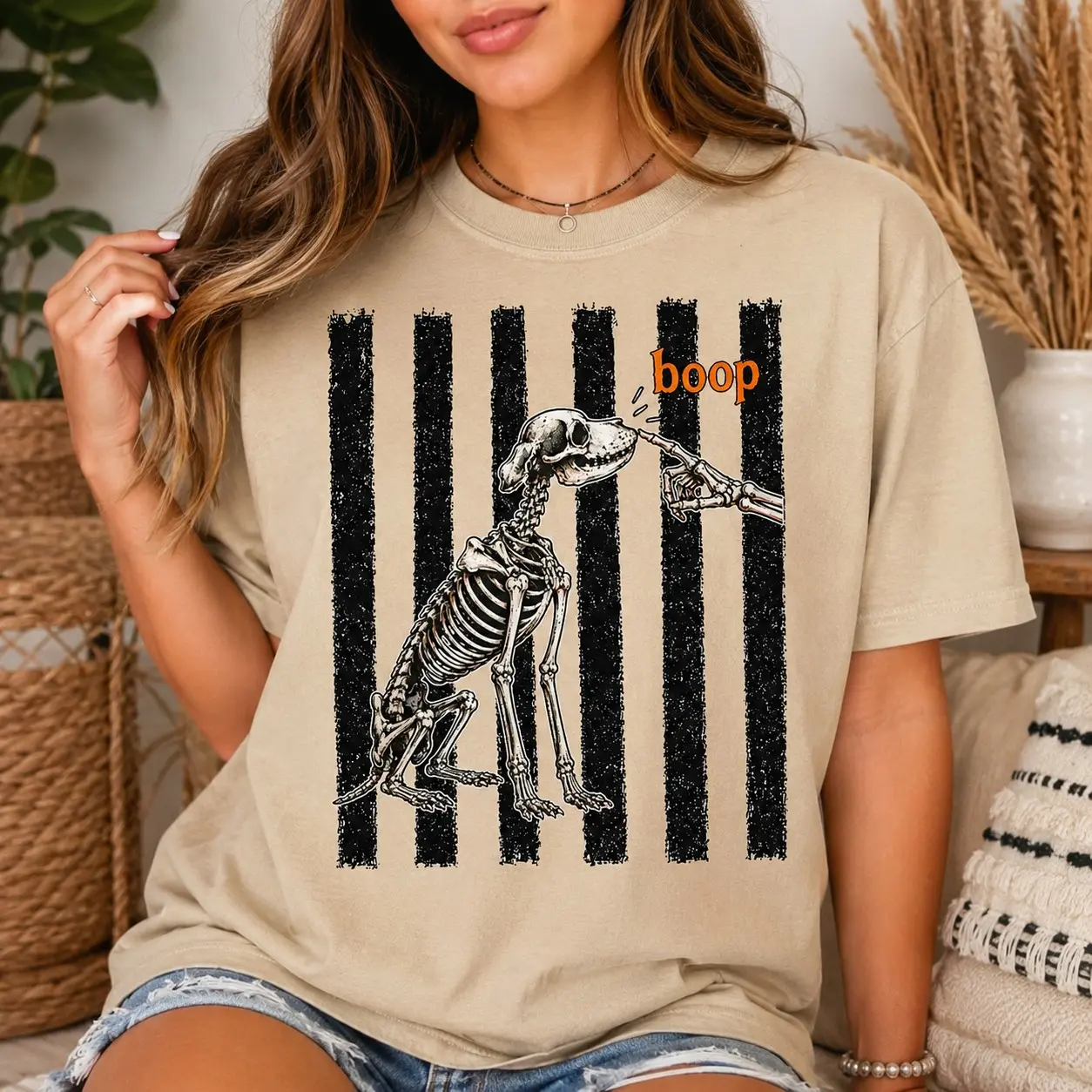 Comfort Colors Skeleton Dog Boop Hand Stripes Women Graphic Shirts Halloween Night