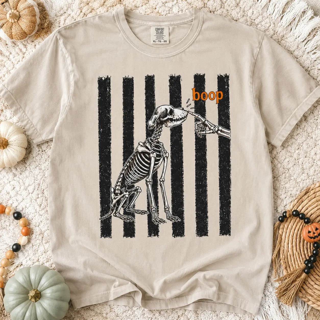 Comfort Colors Skeleton Dog Boop Hand Stripes Women Graphic Shirts Halloween Night - photo 2