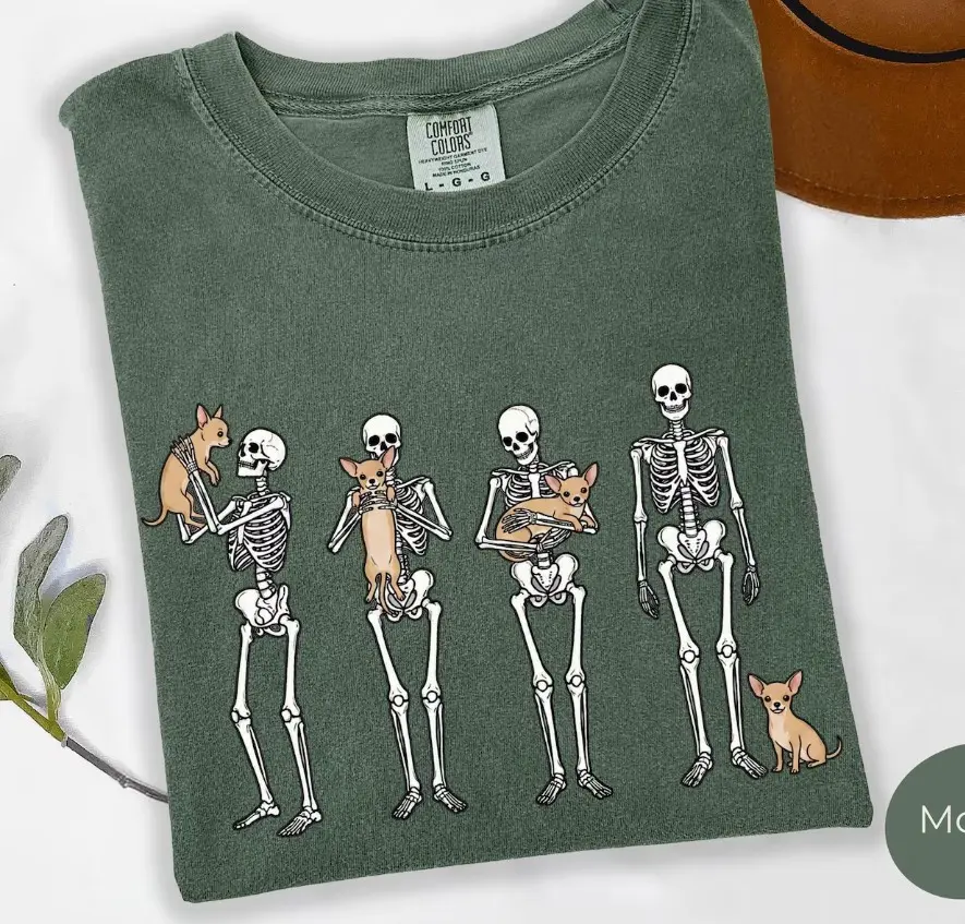 Comfort Colors Skeleton Dachshund Halloween Shirt, Funny Weiner Dog Lover Spooky Season Graphic Tee - photo 2