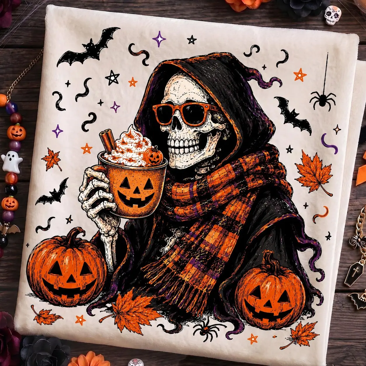 Comfort Colors Skeleton Coffee Latte Halloween Shirt, Spooky Autumn Pumpkin Spice Fall Graphic Tee - photo 3
