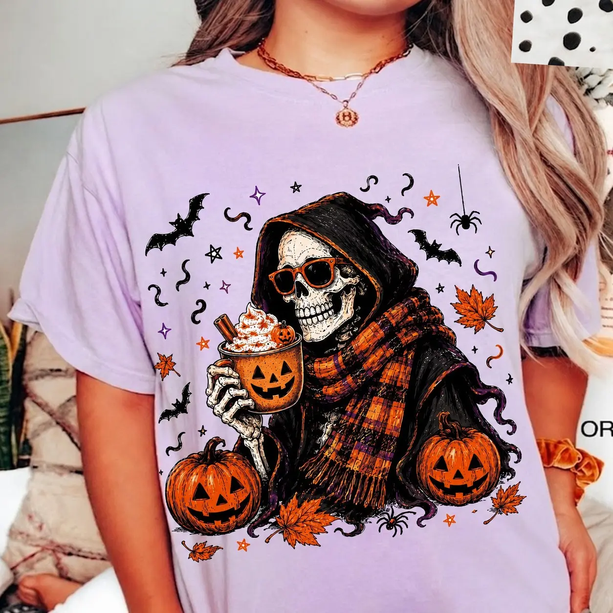 Comfort Colors Skeleton Coffee Latte Halloween Shirt, Spooky Autumn Pumpkin Spice Fall Graphic Tee - photo 5