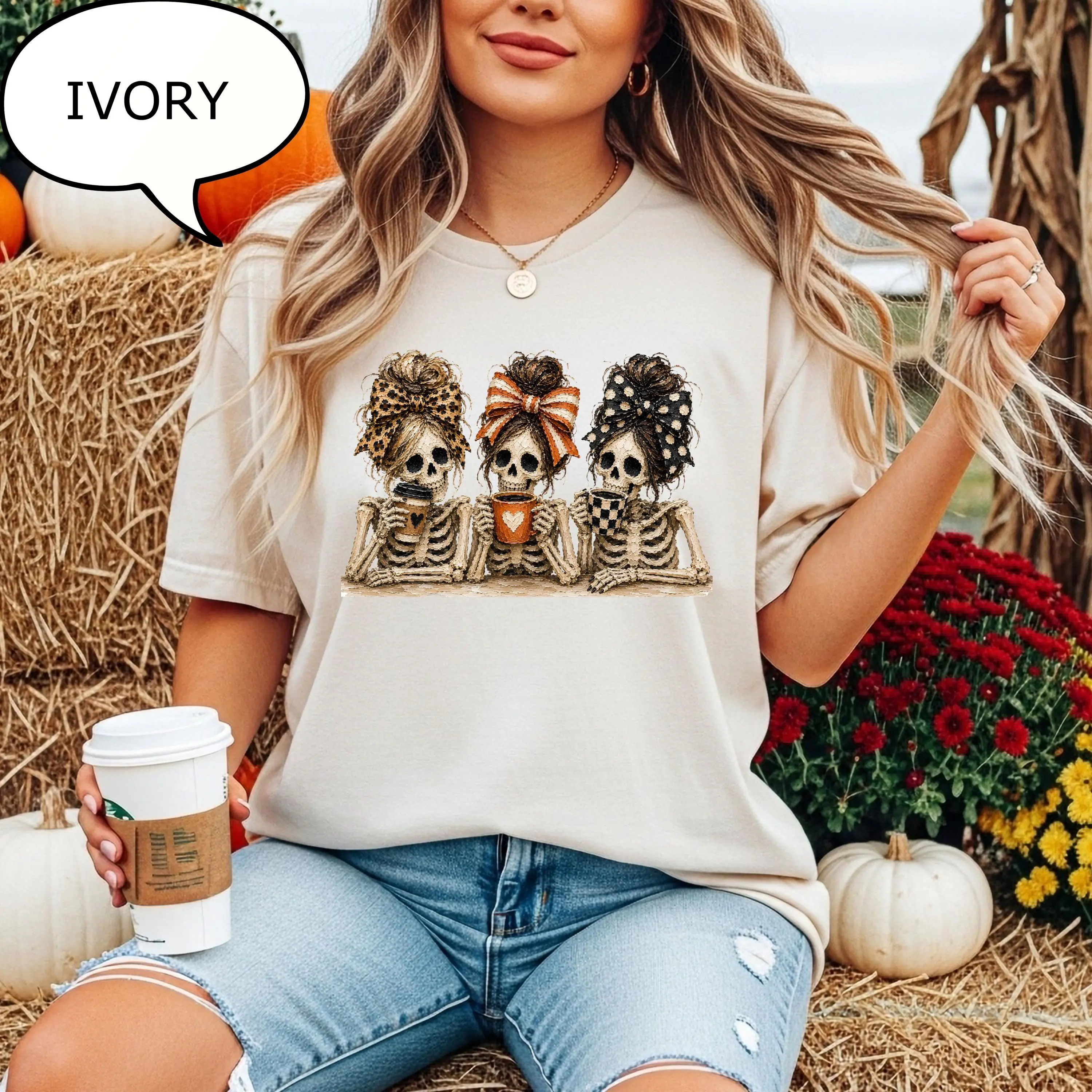 Comfort Colors Skeleton Girl Halloween T-Shirt, Spooky Season Graphic Tee, Best Friends Fall Gift - photo 3