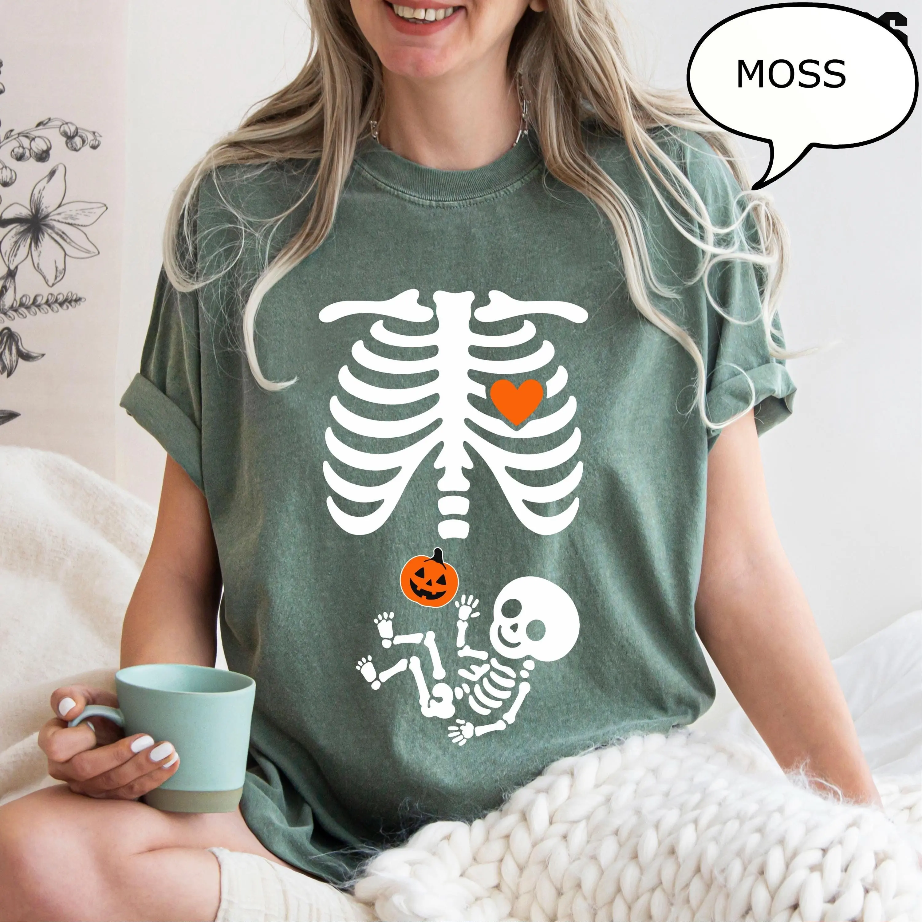 Comfort Colors Skeleton Halloween Maternity T-Shirt, Pregnancy Announcement Spooky Mama Reveal Tee