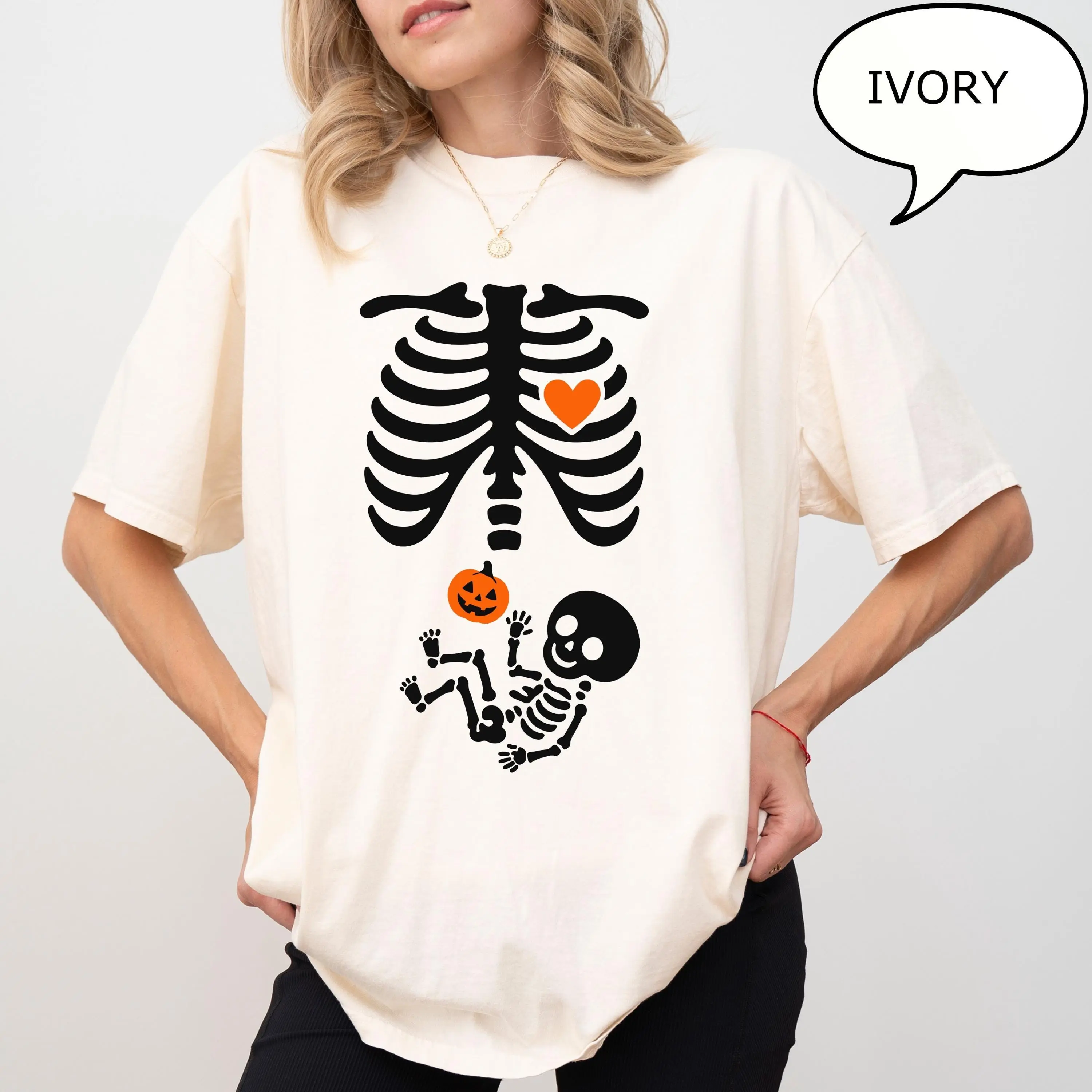 Comfort Colors Skeleton Halloween Maternity T-Shirt, Pregnancy Announcement Spooky Mama Reveal Tee - photo 2