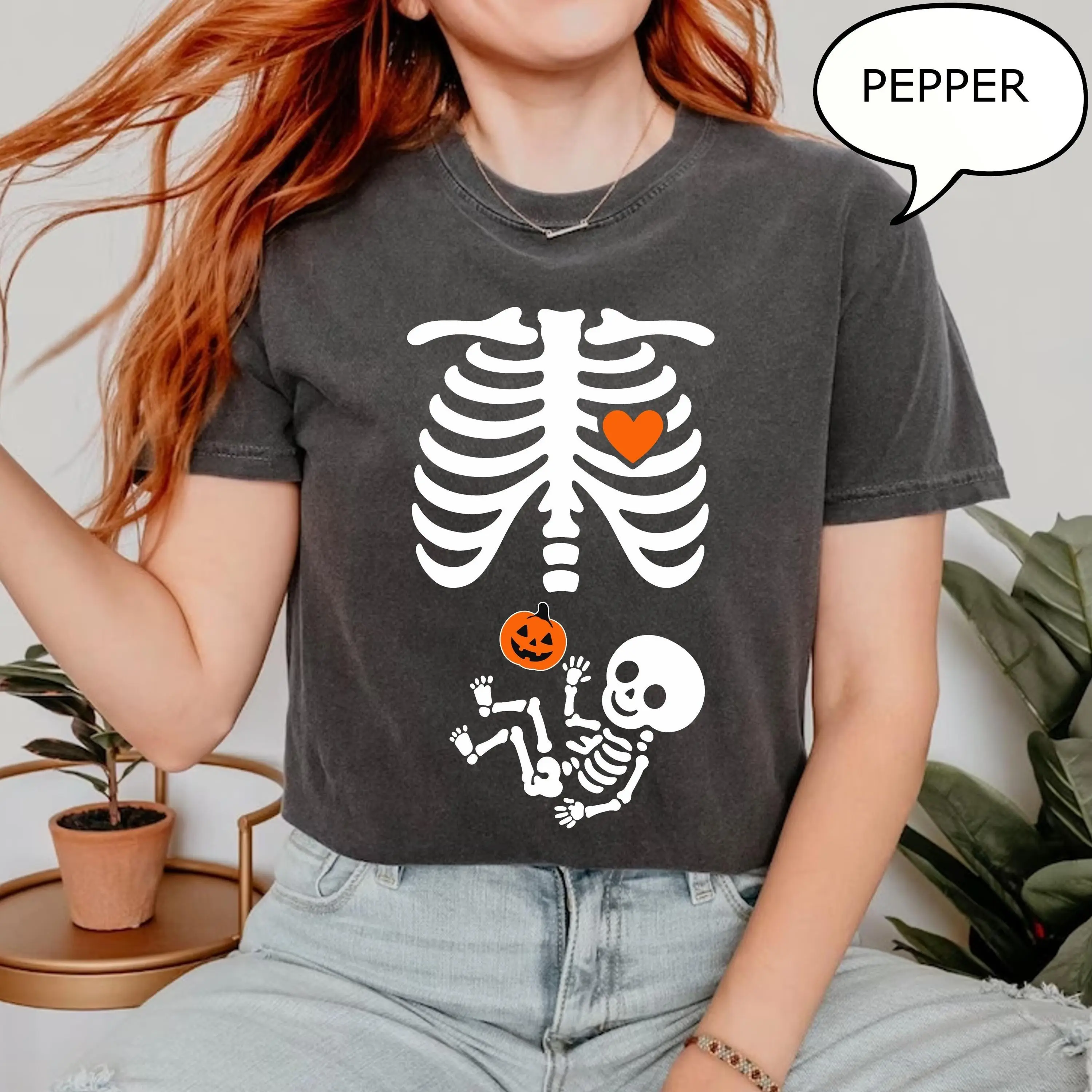 Comfort Colors Skeleton Halloween Maternity T-Shirt, Pregnancy Announcement Spooky Mama Reveal Tee - photo 3