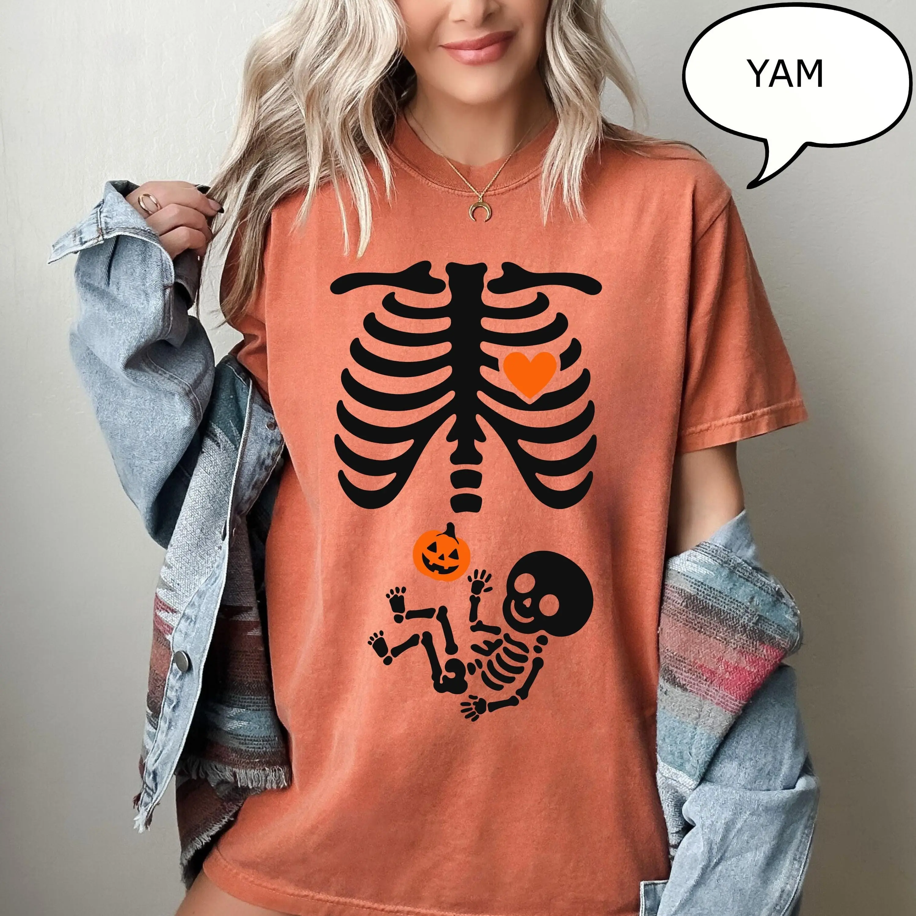 Comfort Colors Skeleton Halloween Maternity T-Shirt, Pregnancy Announcement Spooky Mama Reveal Tee - photo 4