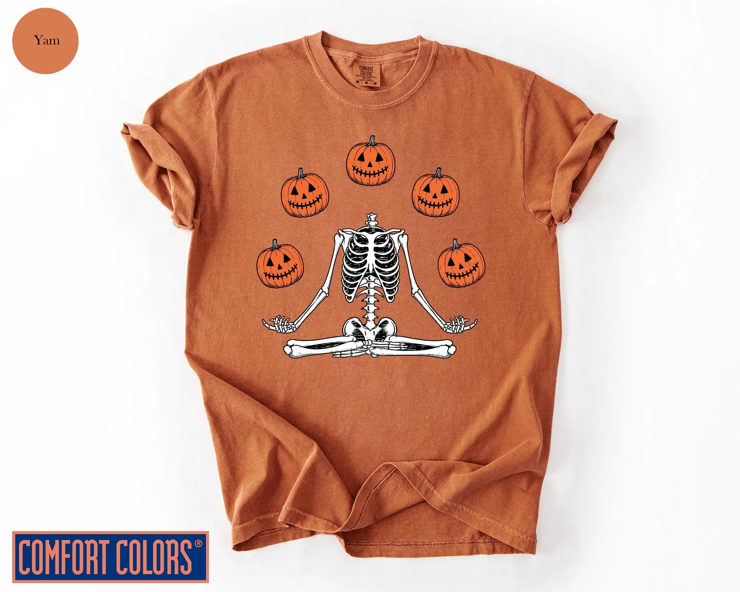 Comfort Colors Skeleton Pumpkin Halloween Shirt, Spooky Season Fall Graphic Tee for Women