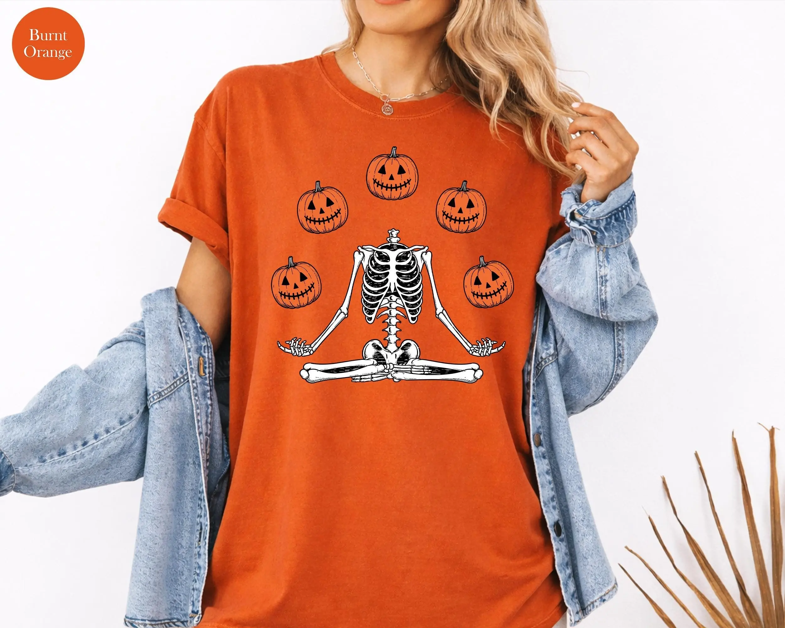 Comfort Colors Skeleton Pumpkin Halloween Shirt, Spooky Season Fall Graphic Tee for Women - photo 2