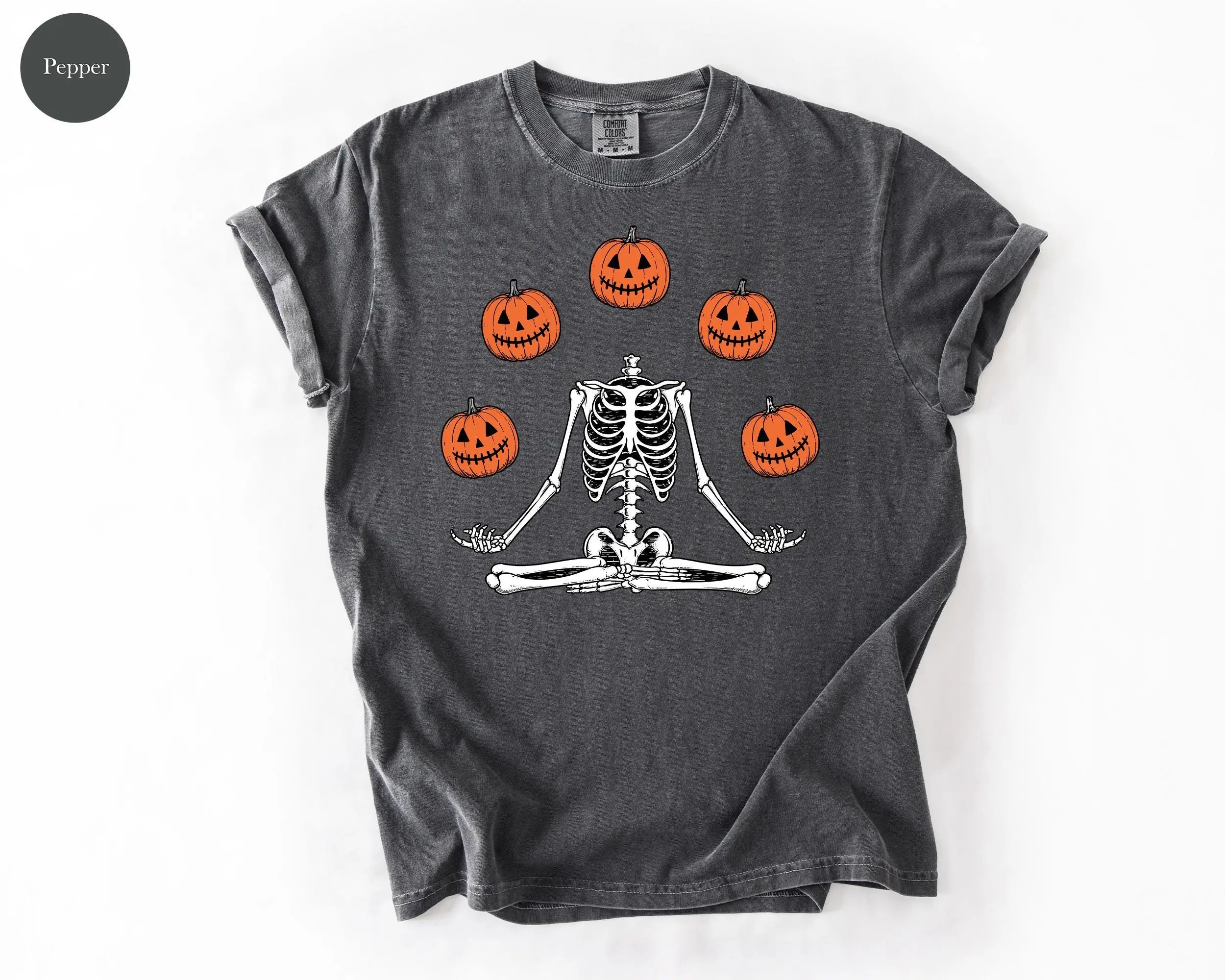 Comfort Colors Skeleton Pumpkin Halloween Shirt, Spooky Season Fall Graphic Tee for Women - photo 4