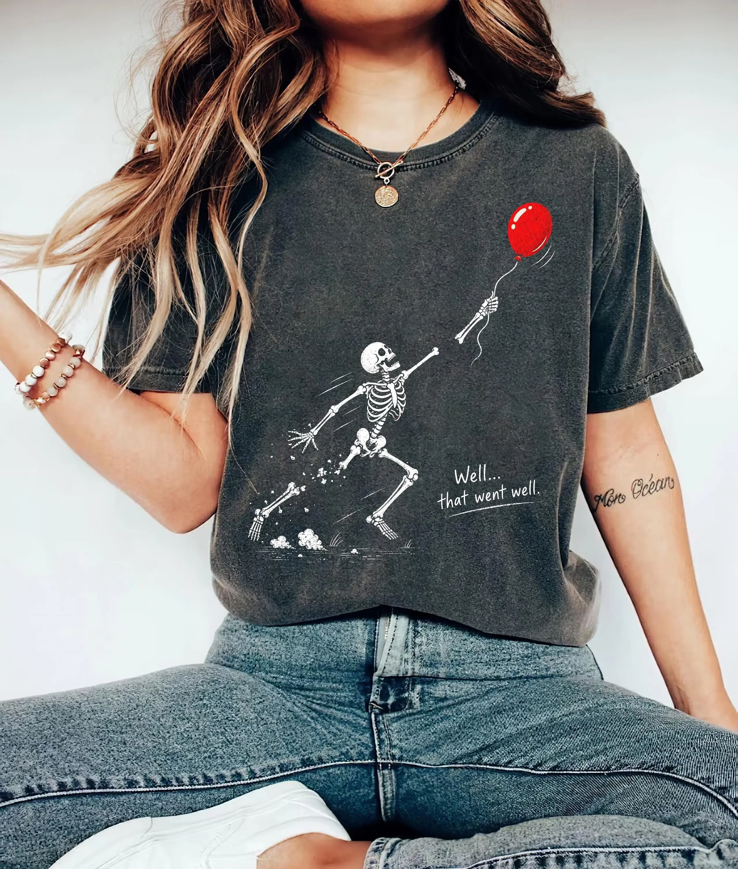 Comfort Colors Skeleton Lost Balloon Shirt, Well That Went Well Funny Halloween Graphic Tee