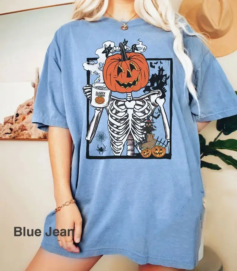 Comfort Colors Skeleton Pumpkin Coffee T-Shirt, Womens Halloween Fall Graphic Tee, Cute Cup Print Cotton Short Sleeve Casual Top