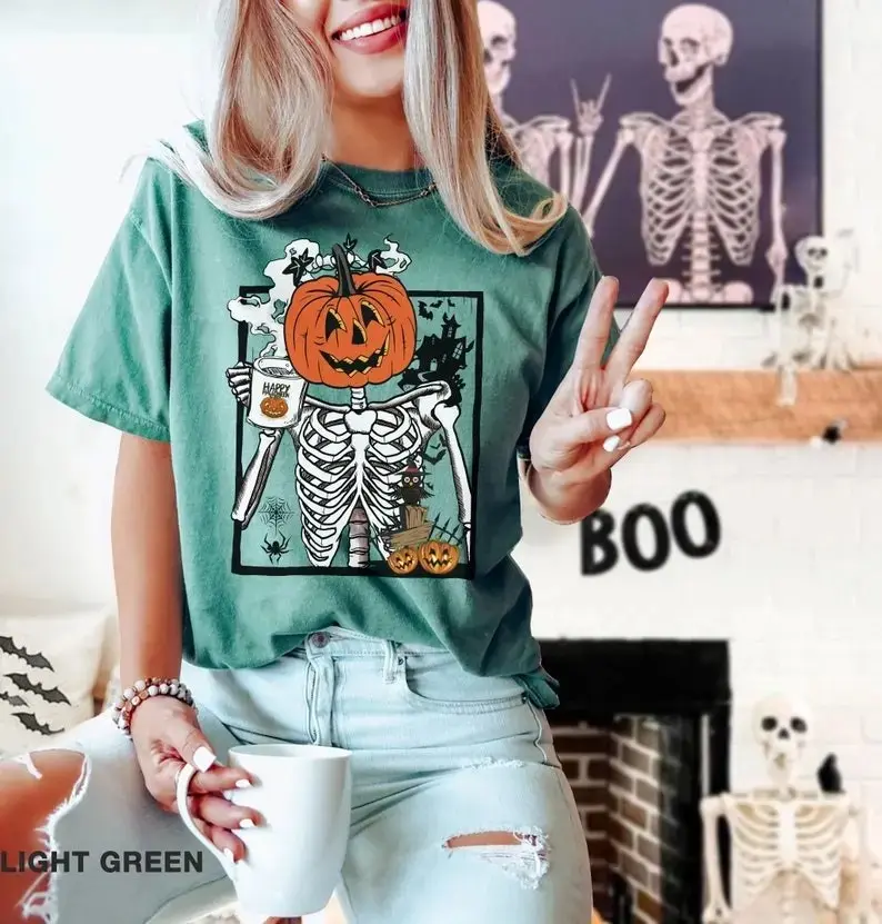 Comfort Colors Skeleton Pumpkin Coffee T-Shirt, Womens Halloween Fall Graphic Tee, Cute Cup Print Cotton Short Sleeve Casual Top - photo 2