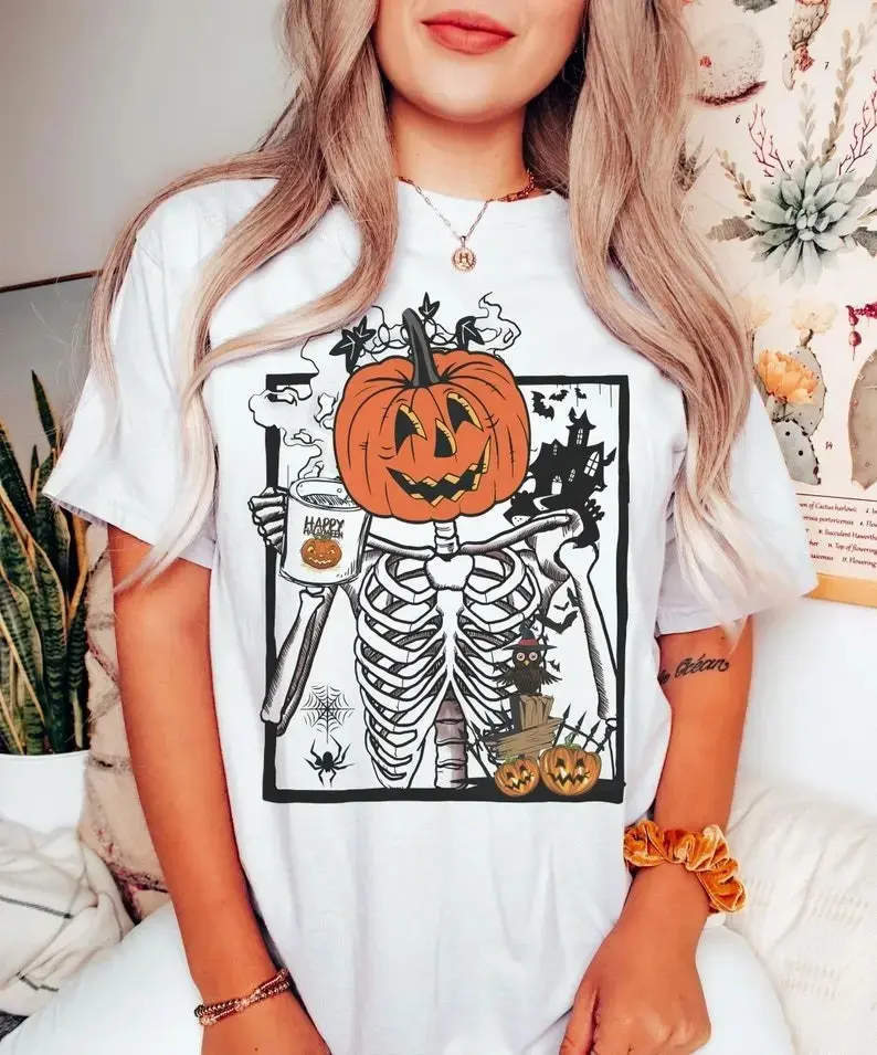Comfort Colors Skeleton Pumpkin Coffee T-Shirt, Womens Halloween Fall Graphic Tee, Cute Cup Print Cotton Short Sleeve Casual Top - photo 3