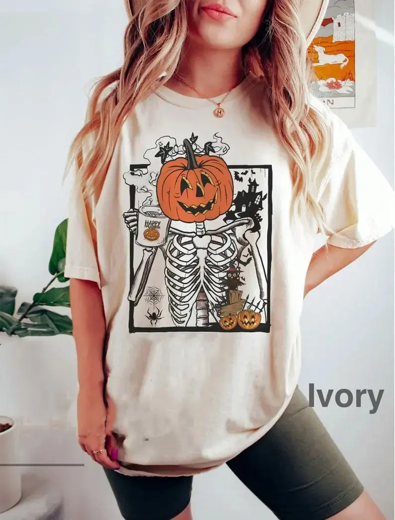 Comfort Colors Skeleton Pumpkin Coffee T-Shirt, Womens Halloween Fall Graphic Tee, Cute Cup Print Cotton Short Sleeve Casual Top - photo 4