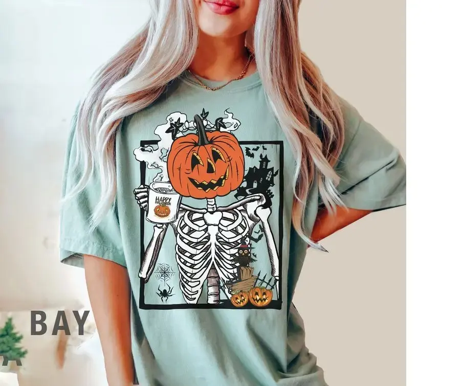 Comfort Colors Skeleton Pumpkin Coffee T-Shirt, Womens Halloween Fall Graphic Tee, Cute Cup Print Cotton Short Sleeve Casual Top - photo 5