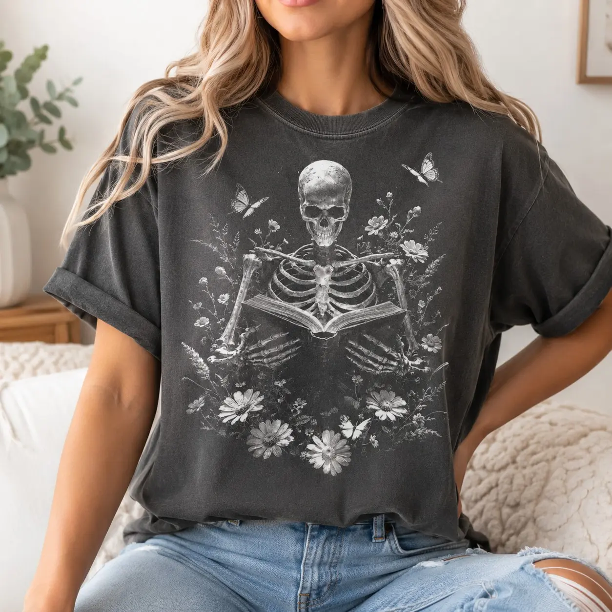 Comfort Colors Skeleton Reading Book Wildflowers Shirt for Women, Dark Academia Floral Bookworm Tee, Spring Daily Wear Daughter Gift