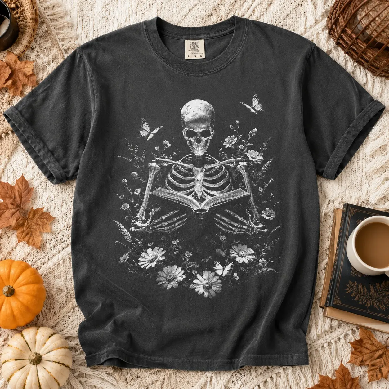 Comfort Colors Skeleton Reading Book Wildflowers Shirt for Women, Dark Academia Floral Bookworm Tee, Spring Daily Wear Daughter Gift - photo 2