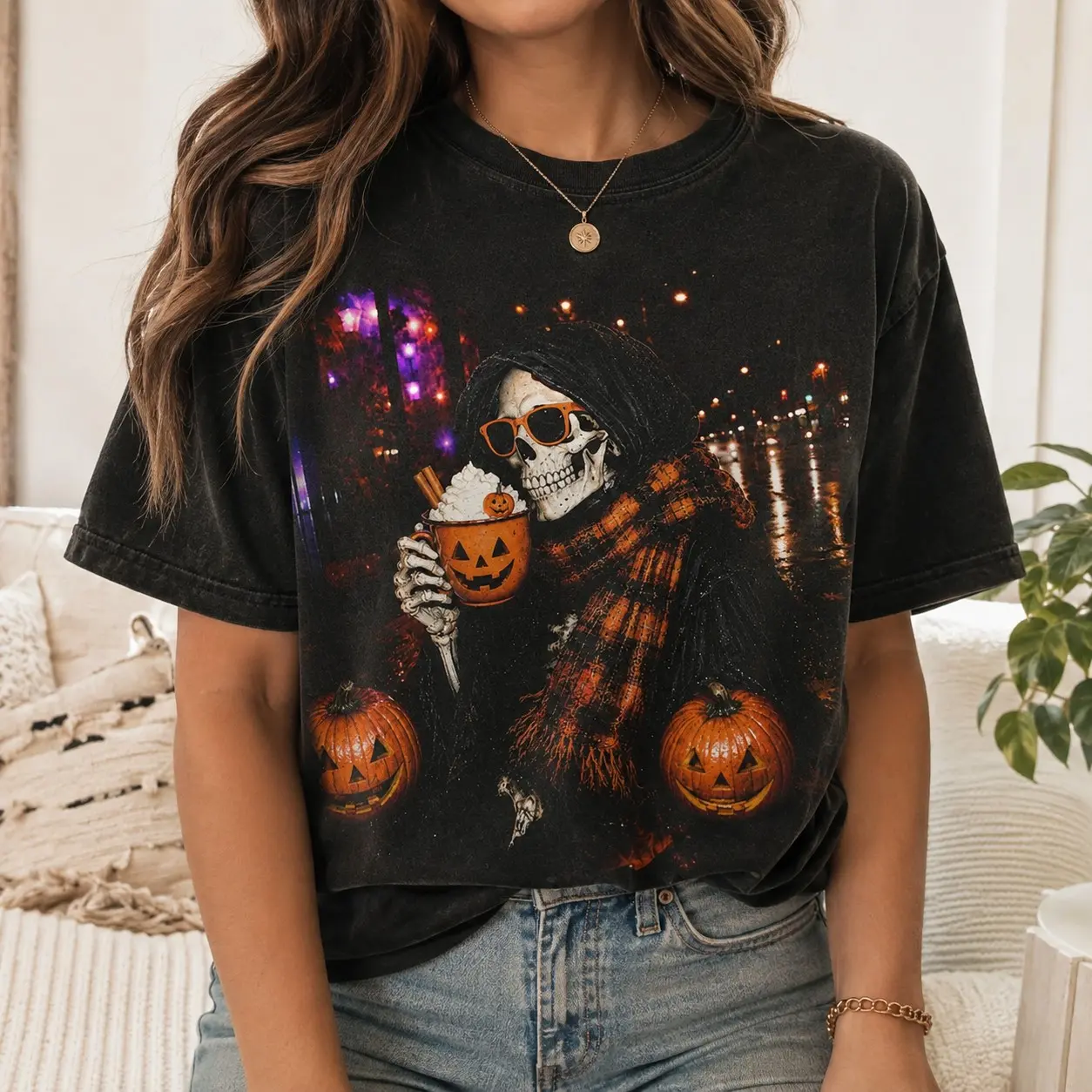 Comfort Colors Skeleton Scarf Pumpkin Spice Latte Women Graphic Shirts Halloween Party