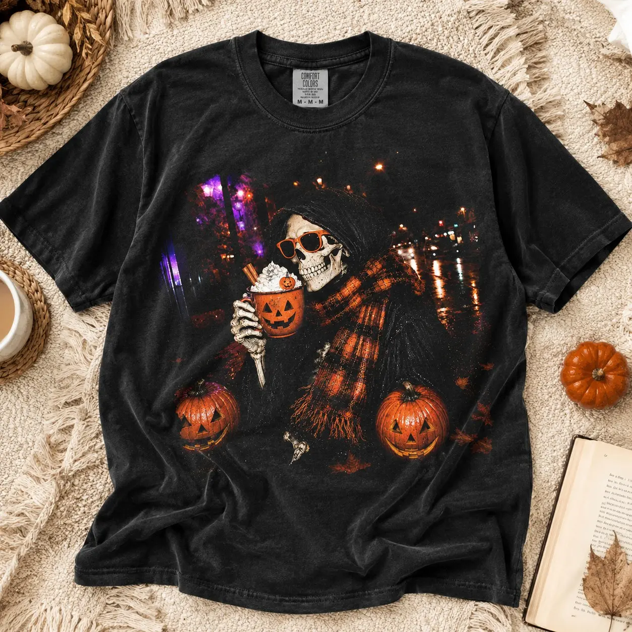 Comfort Colors Skeleton Scarf Pumpkin Spice Latte Women Graphic Shirts Halloween Party - photo 2