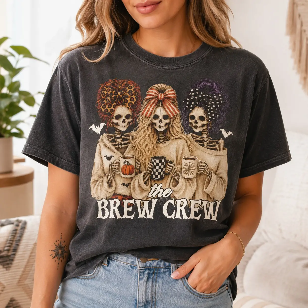Comfort Colors Skeleton Trio Brew Crew Shirt for Women, Coffee Mugs Bows Graphic Tee, Halloween Party Top
