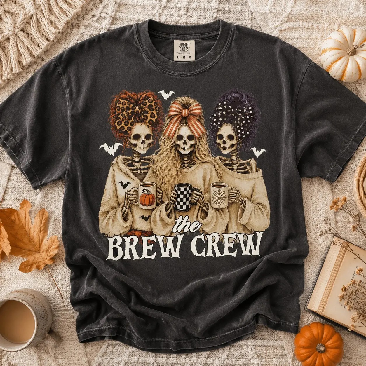 Comfort Colors Skeleton Trio Brew Crew Shirt for Women, Coffee Mugs Bows Graphic Tee, Halloween Party Top - photo 2