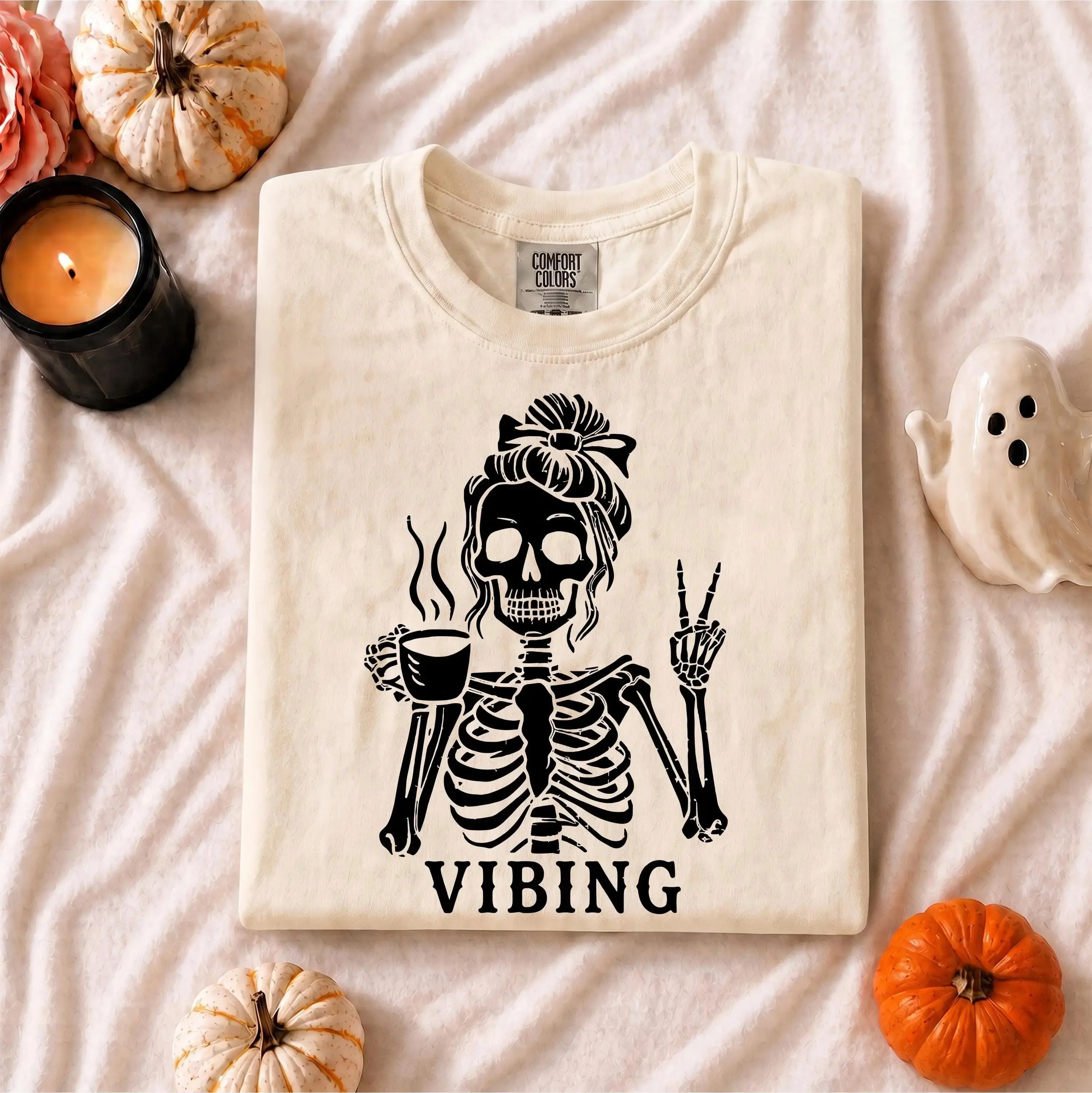 Comfort Colors Skeleton Vibing Shirt, Funny Peace Sign Spooky Coffee Lover Halloween Graphic Tee