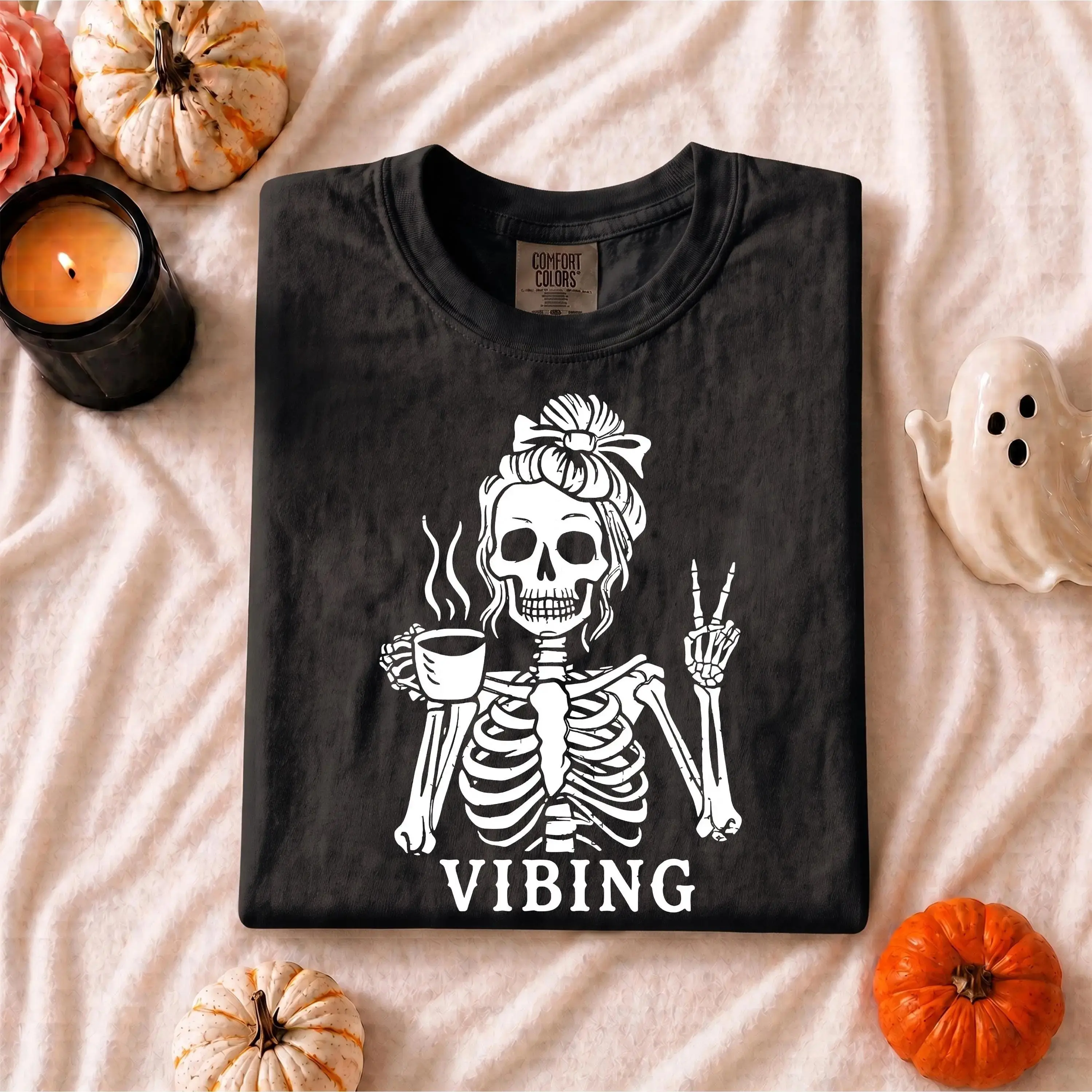 Comfort Colors Skeleton Vibing Shirt, Funny Peace Sign Spooky Coffee Lover Halloween Graphic Tee - photo 2