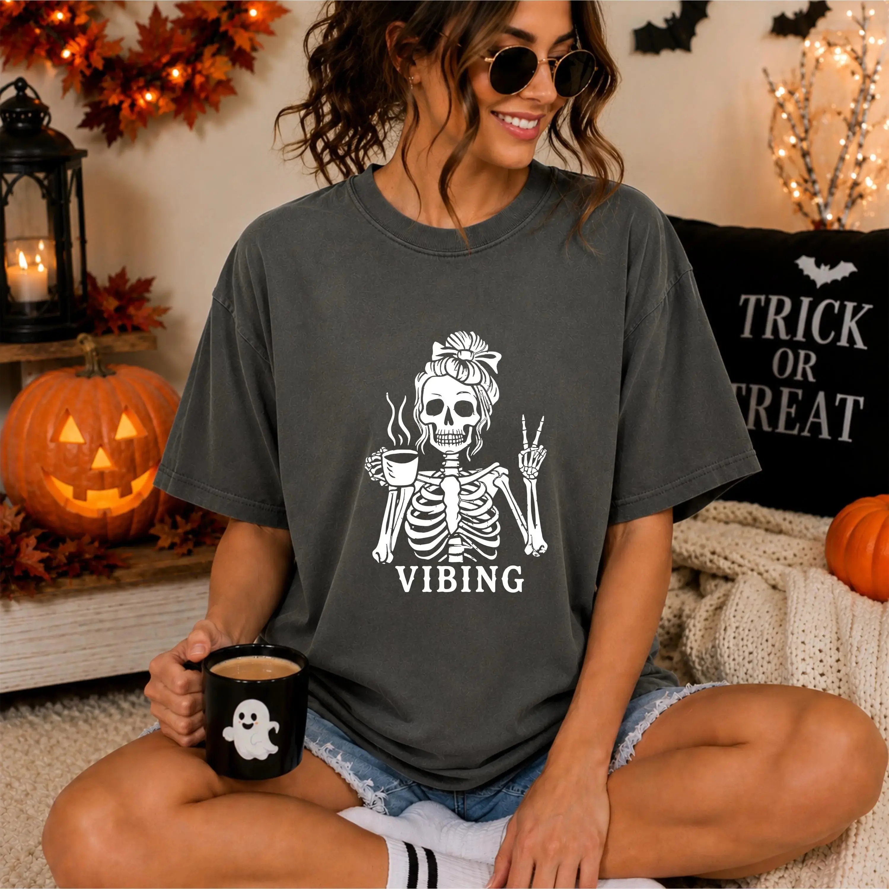 Comfort Colors Skeleton Vibing Shirt, Funny Peace Sign Spooky Coffee Lover Halloween Graphic Tee - photo 3