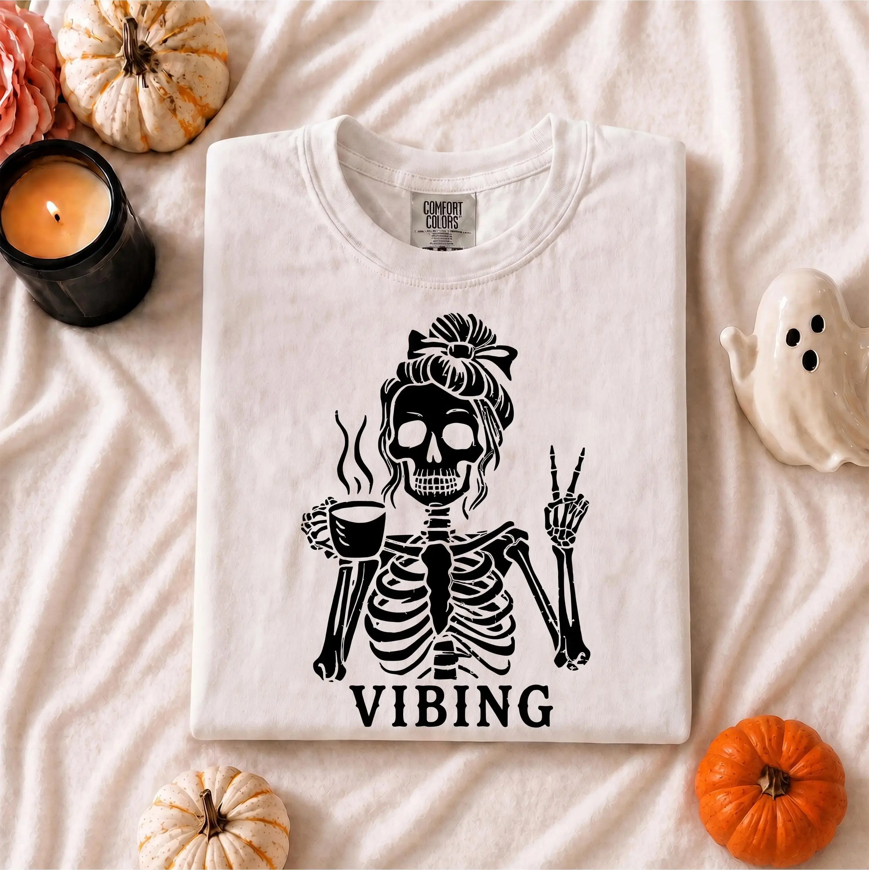 Comfort Colors Skeleton Vibing Shirt, Funny Peace Sign Spooky Coffee Lover Halloween Graphic Tee - photo 4