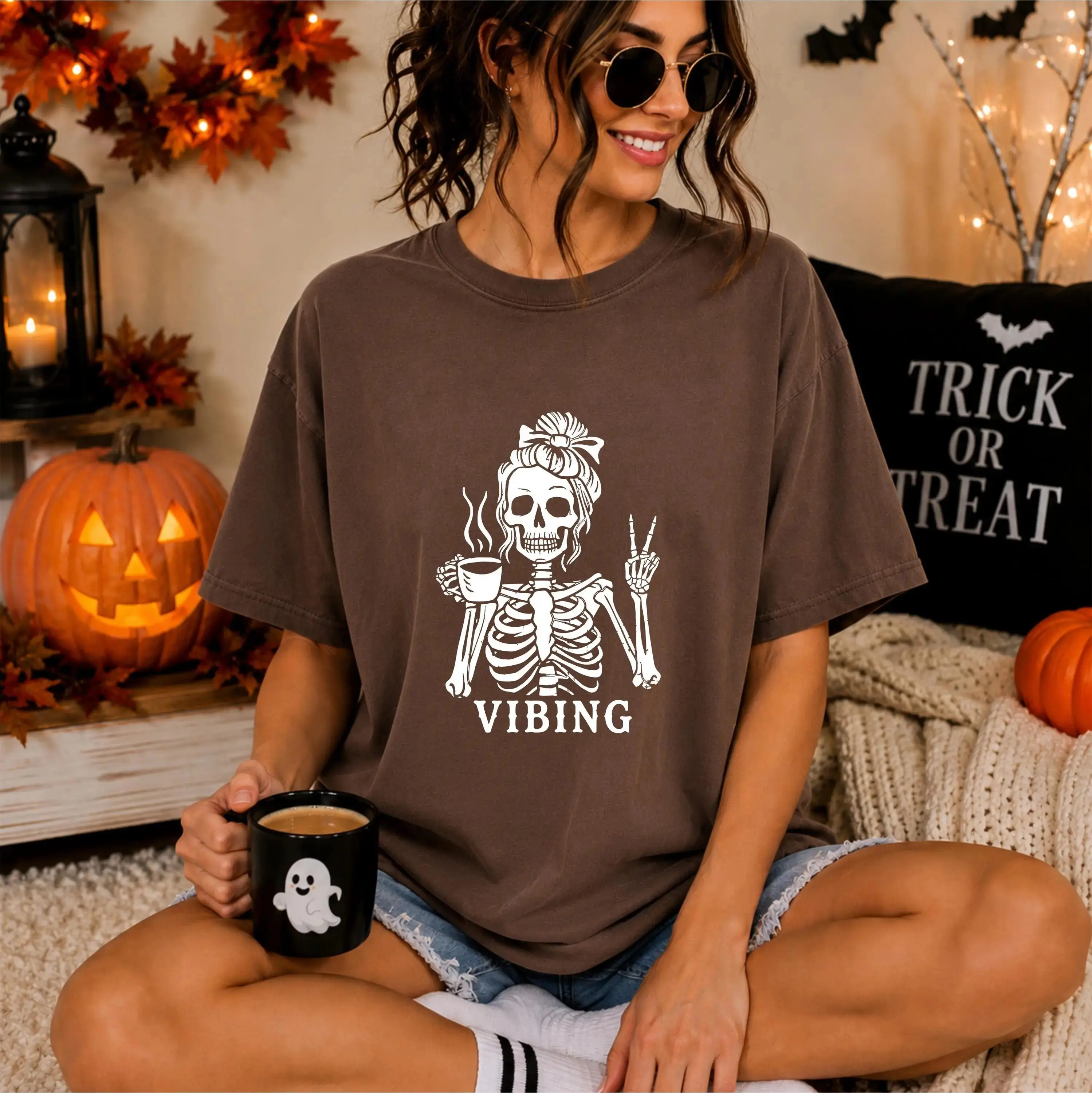 Comfort Colors Skeleton Vibing Shirt, Funny Peace Sign Spooky Coffee Lover Halloween Graphic Tee - photo 5
