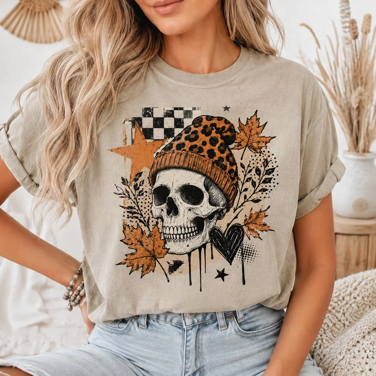 Comfort Colors Skull Leopard Beanie Autumn Leaves Shirt, Cozy Floral Vintage Fall Festival Sister Gift