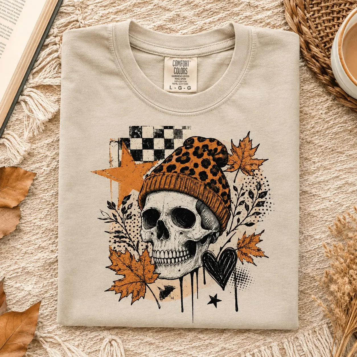 Comfort Colors Skull Leopard Beanie Autumn Leaves Shirt, Cozy Floral Vintage Fall Festival Sister Gift - photo 2
