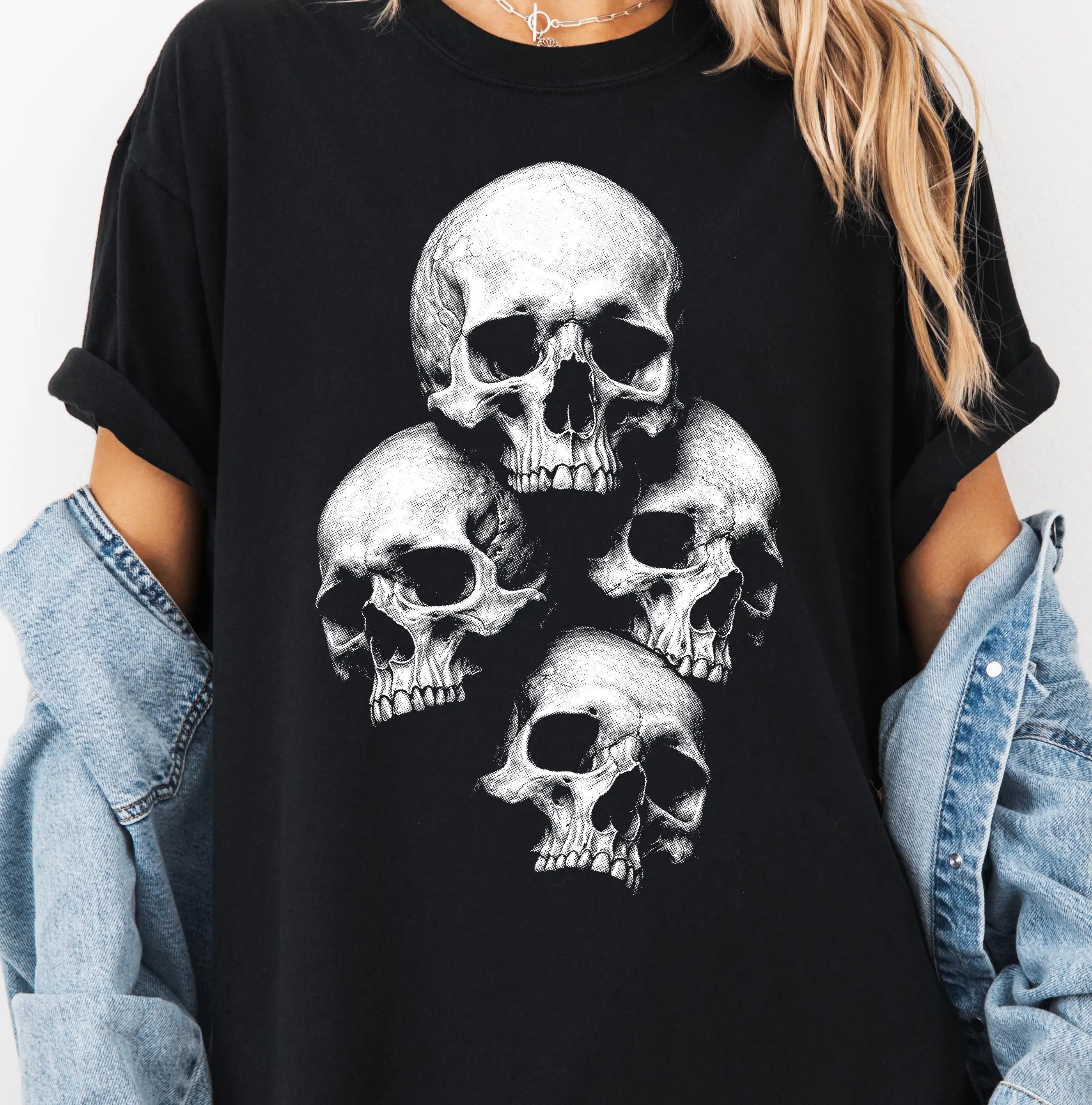 Comfort Colors Skull Stack Halftone Shirt, Gothic Skeleton Dark Aesthetic Grunge Graphic Tee
