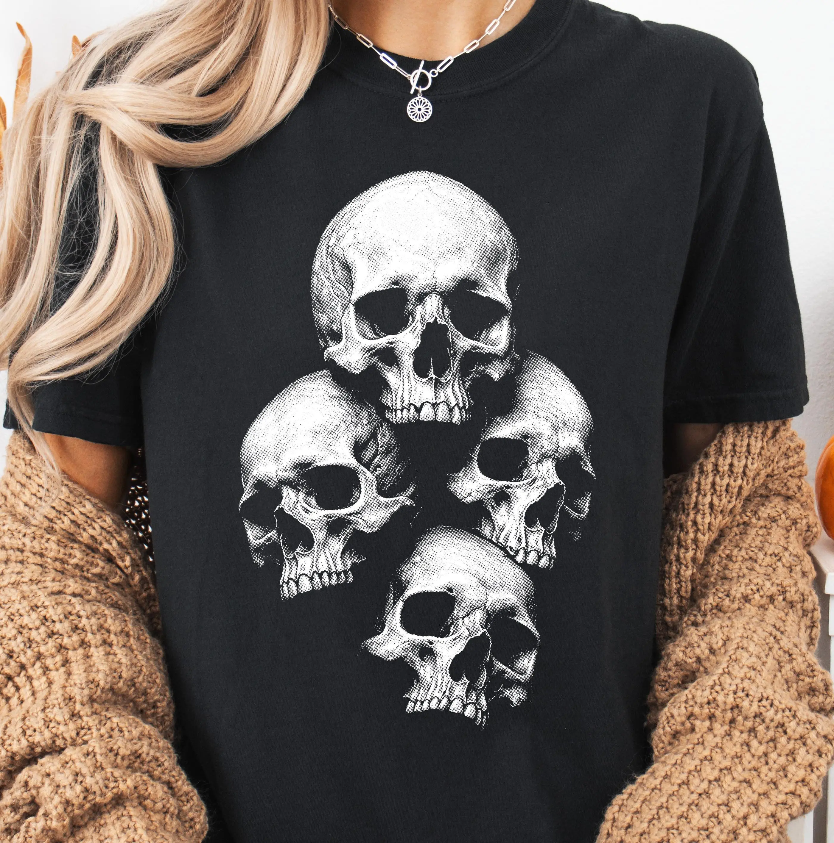 Comfort Colors Skull Stack Halftone Shirt, Gothic Skeleton Dark Aesthetic Grunge Graphic Tee - photo 4