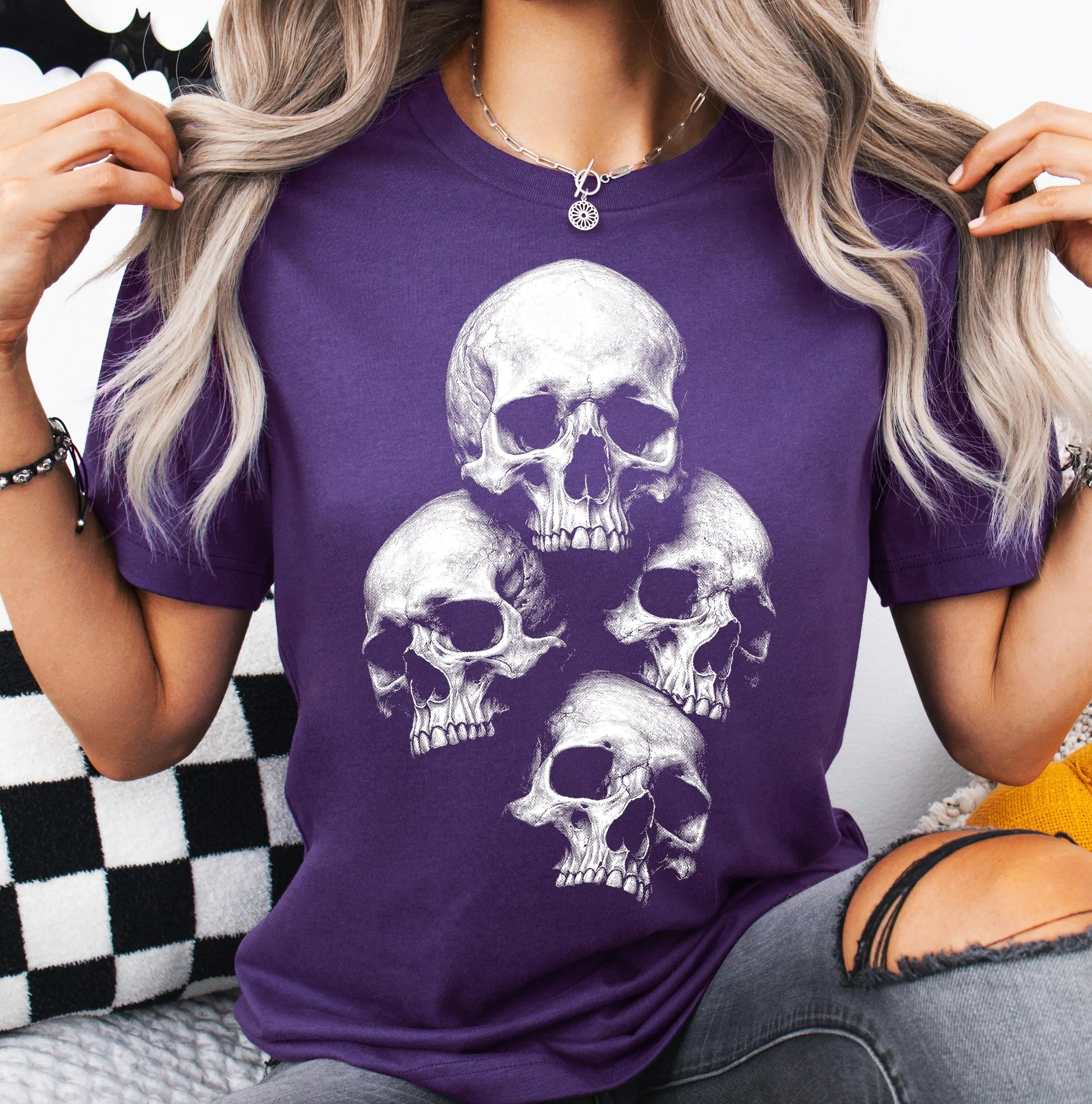 Comfort Colors Skull Stack Halftone Shirt, Gothic Skeleton Dark Aesthetic Grunge Graphic Tee - photo 5