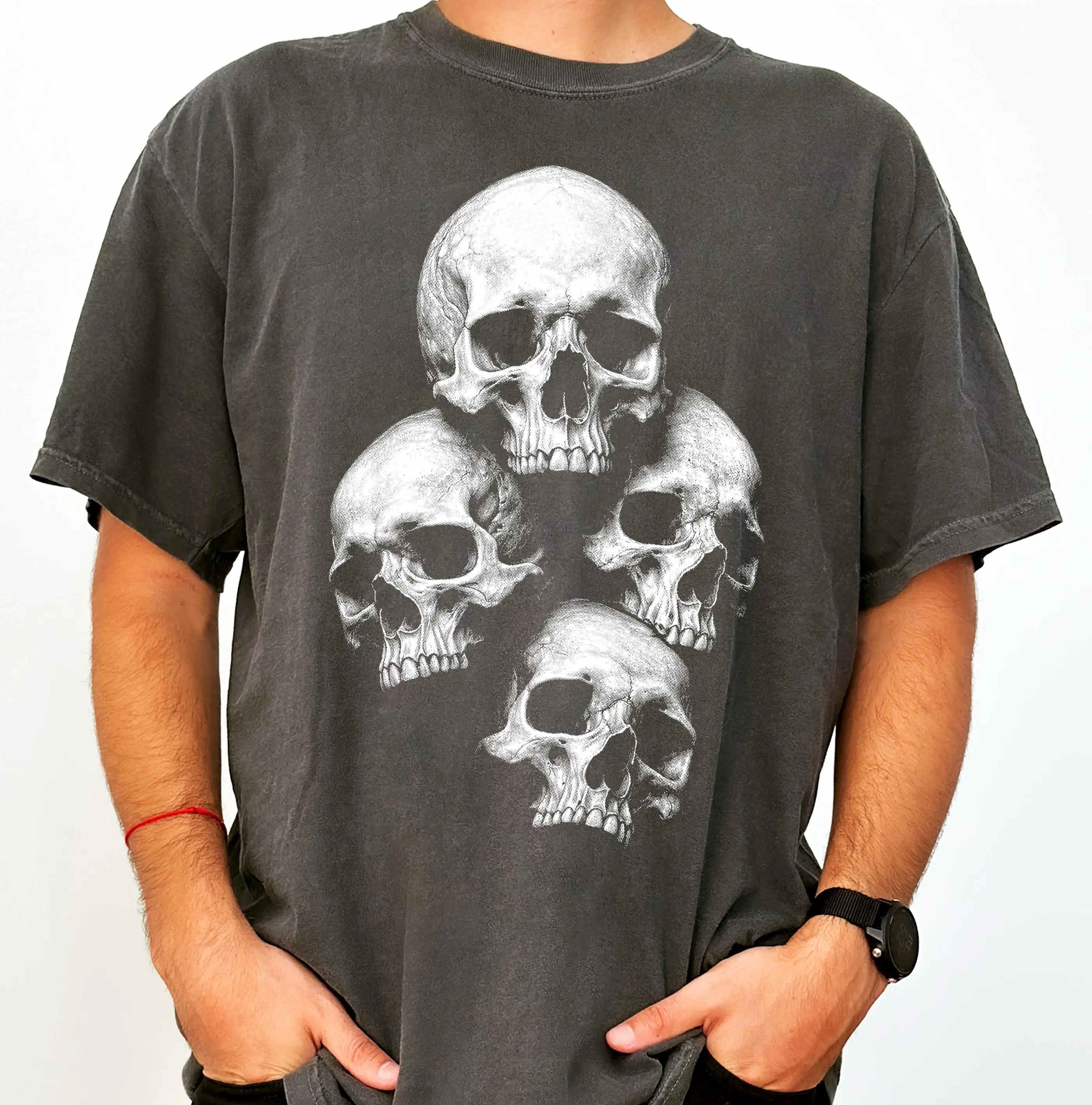 Comfort Colors Skull Stack Halftone Sweatshirt, Gothic Skeleton Dark Aesthetic Grunge Graphic Top - photo 3