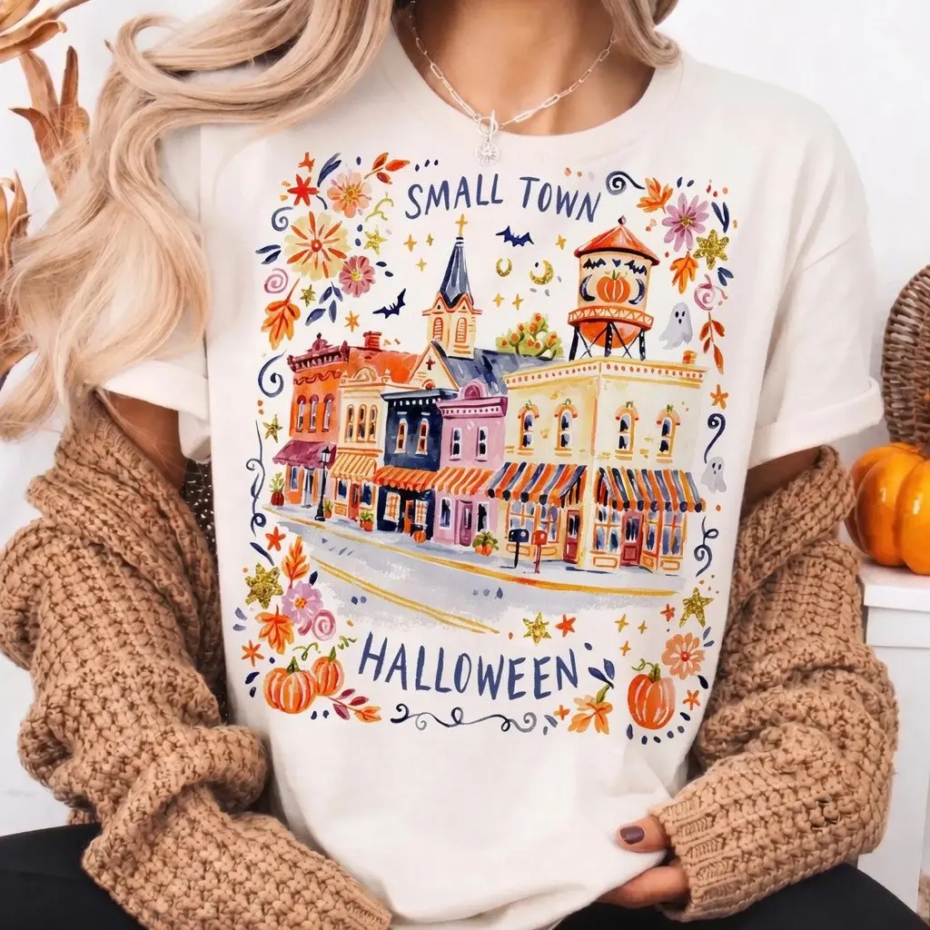Comfort Colors Small Town Country Halloween Shirt, Spooky Village Fall Graphic Tee - photo 3