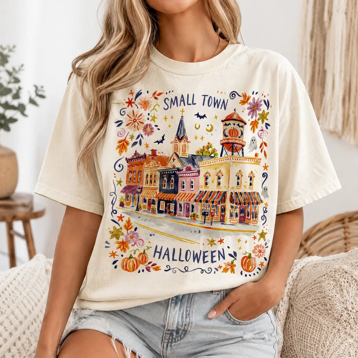 Comfort Colors Small Town Halloween Main Street Shirt, Watercolor Houses Graphic Tee, Adults Short Sleeve October Gathering Top