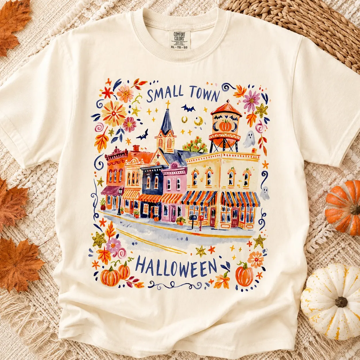 Comfort Colors Small Town Halloween Main Street Shirt, Watercolor Houses Graphic Tee, Adults Short Sleeve October Gathering Top - photo 2