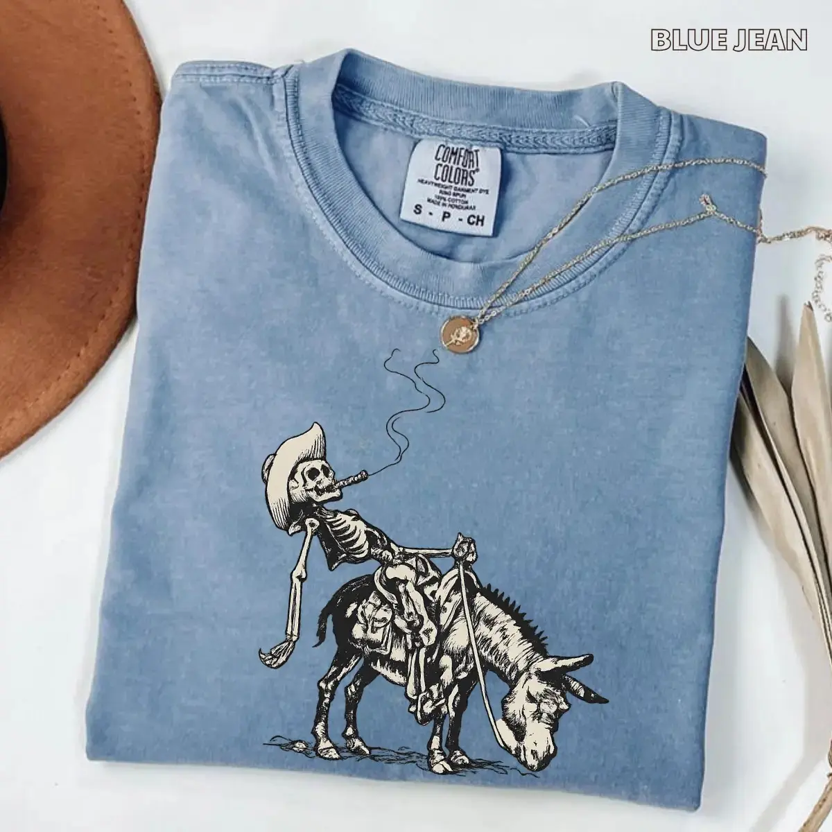 Comfort Colors Smoking Skeleton Cowboy On Donkey T-Shirt, Western Retro Gothic Desert Outlaw Halloween Tee