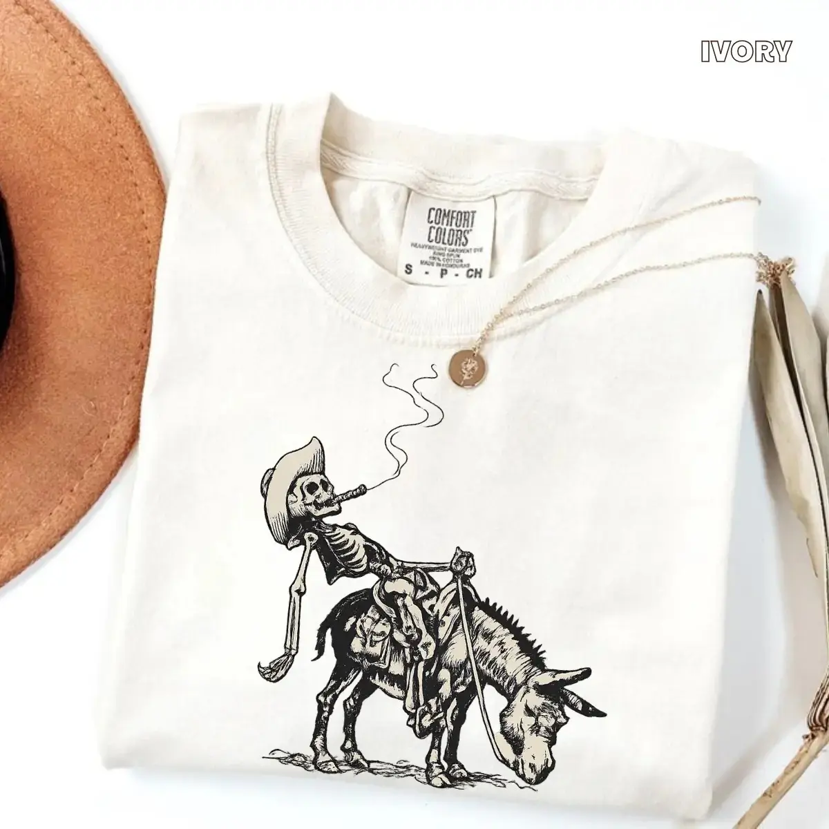 Comfort Colors Smoking Skeleton Cowboy On Donkey T-Shirt, Western Retro Gothic Desert Outlaw Halloween Tee - photo 2