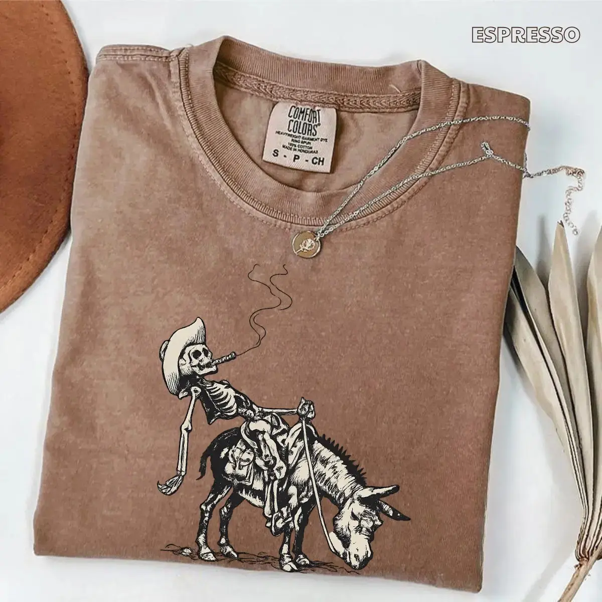 Comfort Colors Smoking Skeleton Cowboy On Donkey T-Shirt, Western Retro Gothic Desert Outlaw Halloween Tee - photo 5