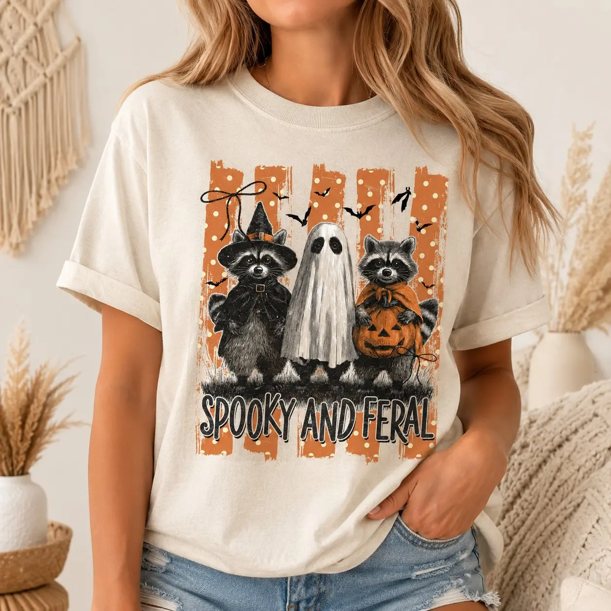 Comfort Colors Spooky Feral Raccoon Ghost Halloween Shirt, Vintage Animal Autumn Graphic Tee, Family Holiday Gift