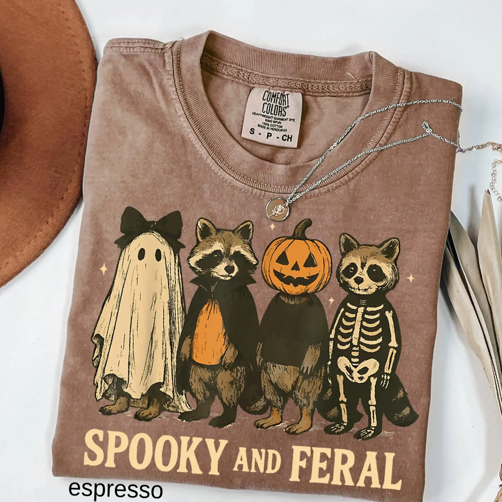 Comfort Colors Spooky and Feral Raccoon Shirt, Funny Halloween Witch Graphic Tee, Cute Season Gift