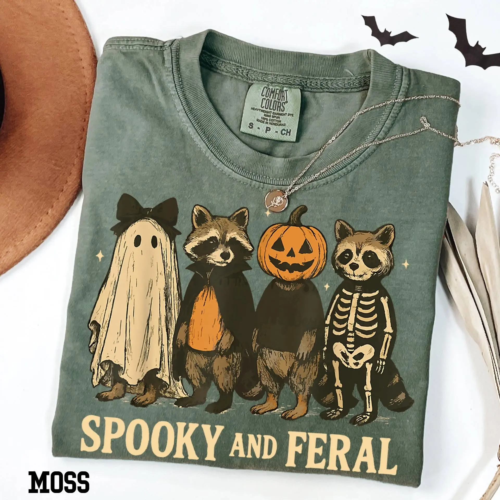 Comfort Colors Spooky and Feral Raccoon Shirt, Funny Halloween Witch Graphic Tee, Cute Season Gift - photo 2