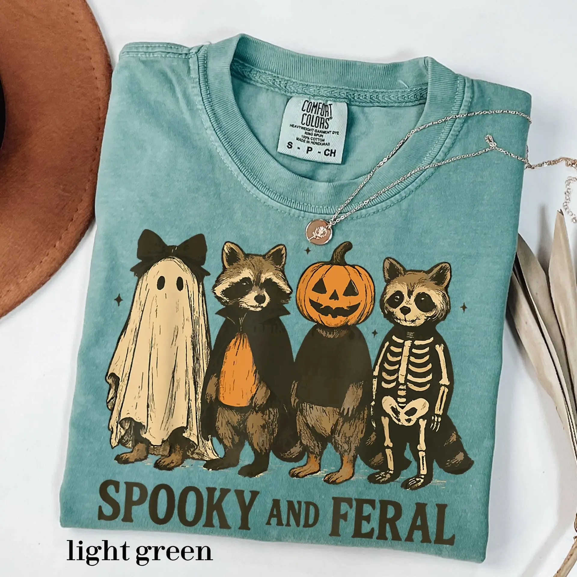 Comfort Colors Spooky and Feral Raccoon Shirt, Funny Halloween Witch Graphic Tee, Cute Season Gift - photo 3