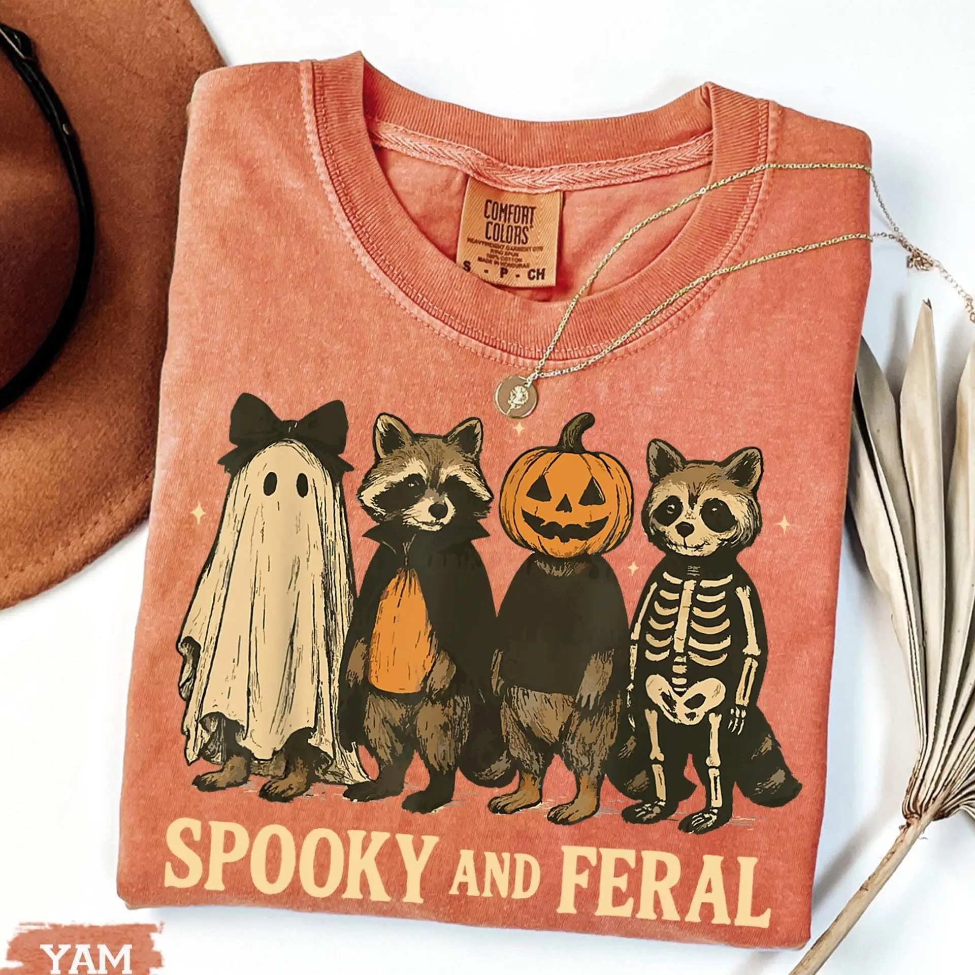 Comfort Colors Spooky and Feral Raccoon Shirt, Funny Halloween Witch Graphic Tee, Cute Season Gift - photo 4